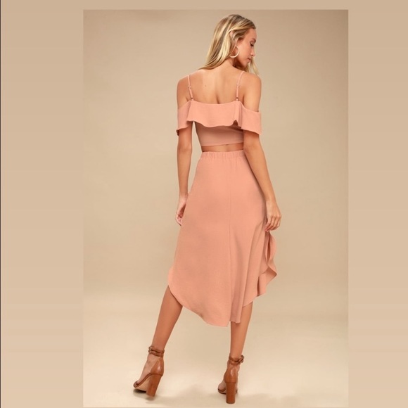 Lulu’s 2 Piece Malta Mauve Pink Off the Shoulder Button Up Skirt Set- M - Picture 3 of 10